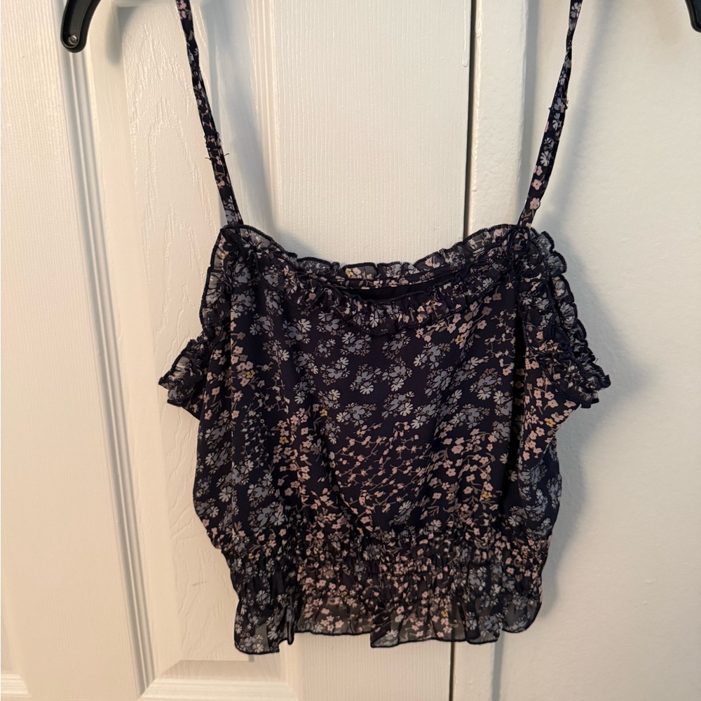Aqua Navy Floral Smocked Crop Cami with Pink Accents